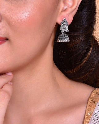 VOJ Kanha Studded Oxidised Silver Plated Contemporary Jhumka - Distacart