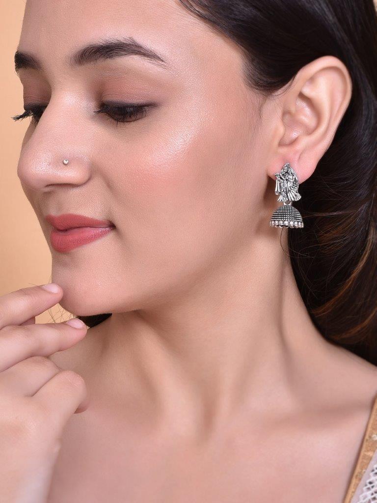 VOJ Kanha Studded Oxidised Silver Plated Contemporary Jhumka - Distacart