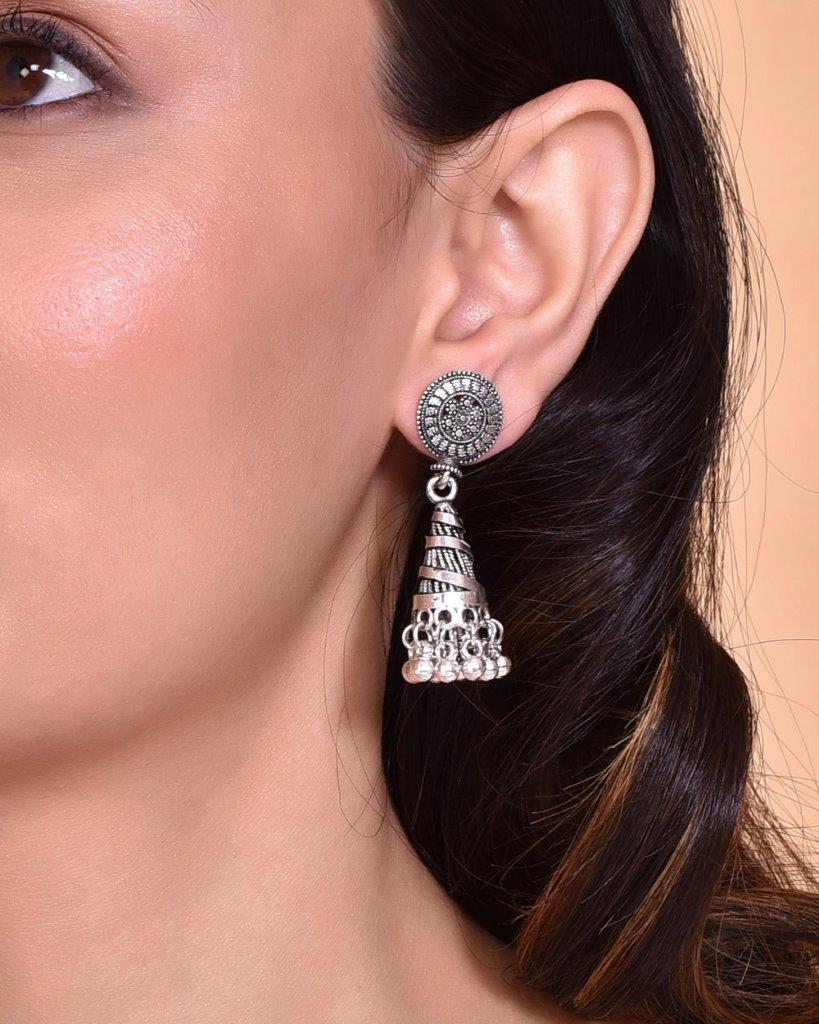 VOJ Oxidised Silver Plated Contemporary Jhumka - Distacart