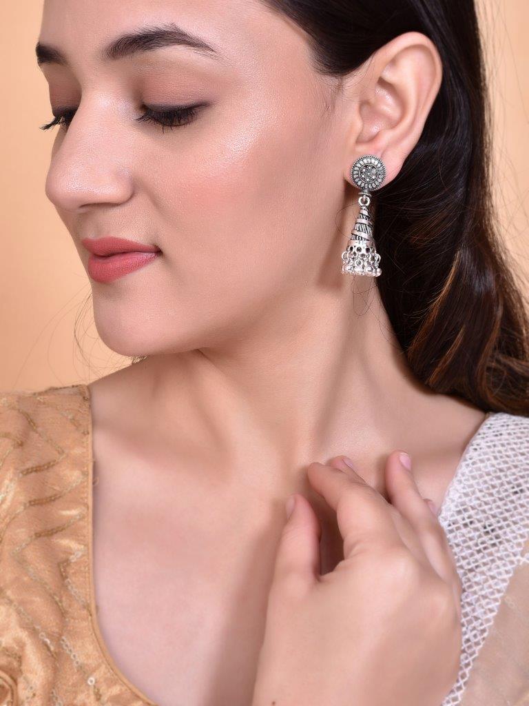 VOJ Oxidised Silver Plated Contemporary Jhumka - Distacart