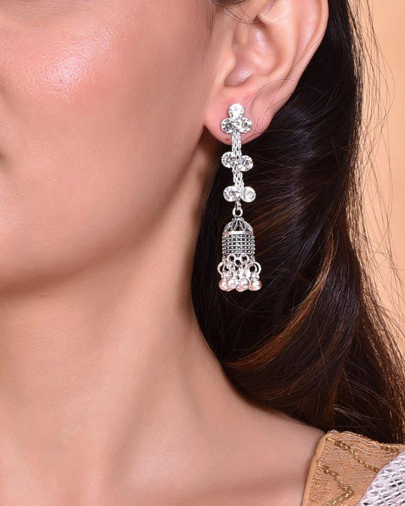 VOJ Studded Oxidised Silver Plated Contemporary Drop Earrings - Distacart