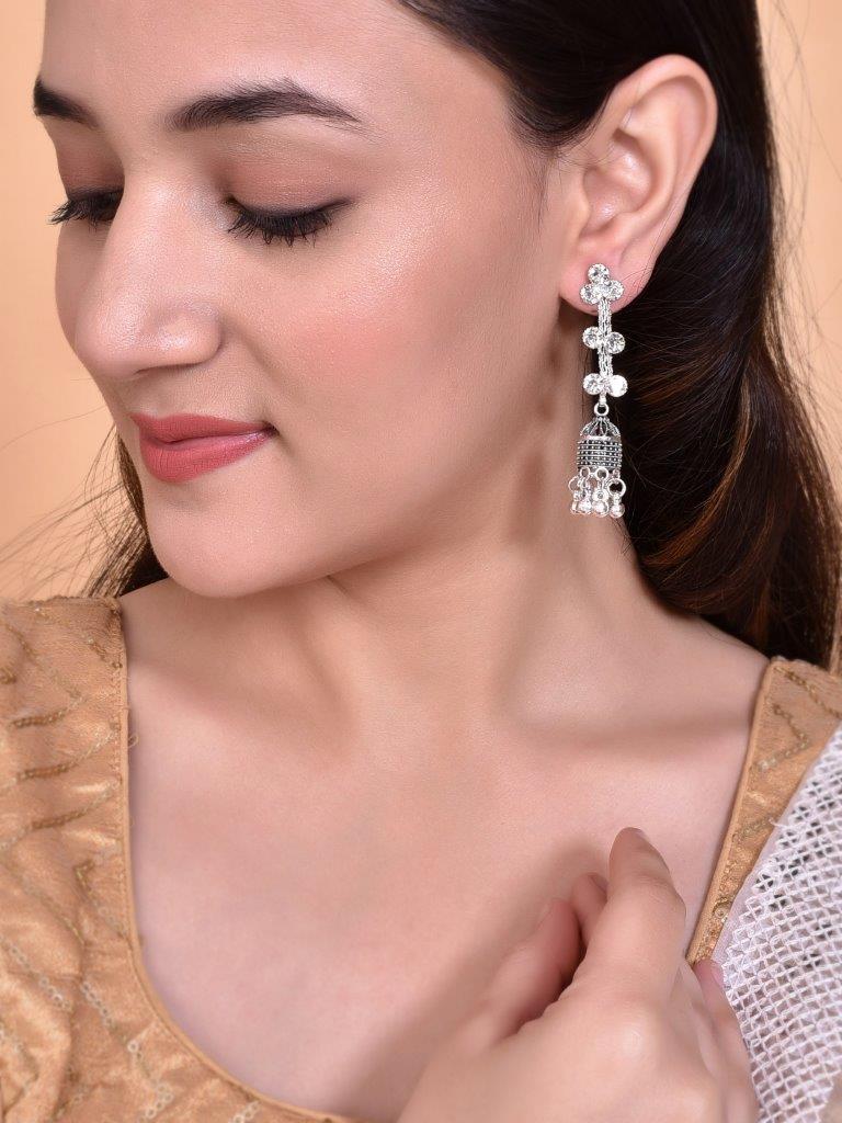 VOJ Studded Oxidised Silver Plated Contemporary Drop Earrings - Distacart