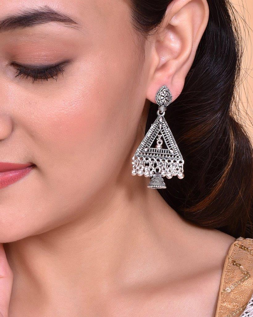 VOJ Studded Triangle Oxidised Silver Plated Contemporary Drop Earrings - Distacart
