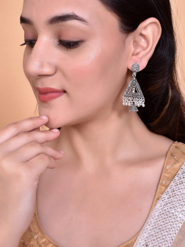 VOJ Studded Triangle Oxidised Silver Plated Contemporary Drop Earrings - Distacart
