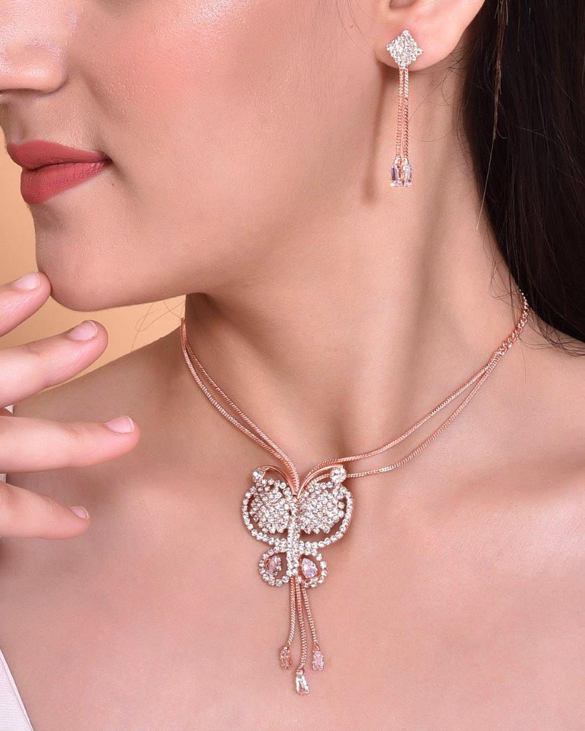 VOJ Rose Gold Plated Butterfly Design Pendant Set - Distacart