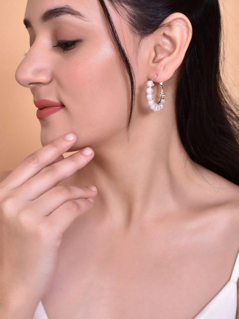 VOJ White Pearl Silver Plated Hoops Earrings - Distacart