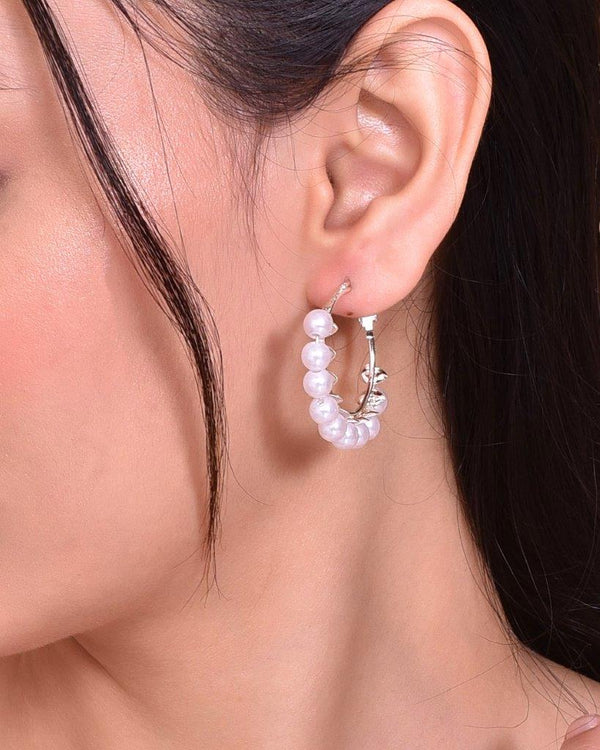 VOJ White Pearl Silver Plated Hoops Earrings - Distacart