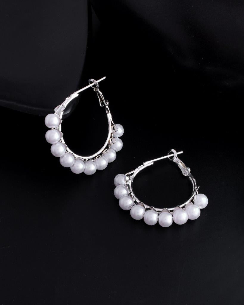 VOJ White Pearl Silver Plated Hoops Earrings - Distacart