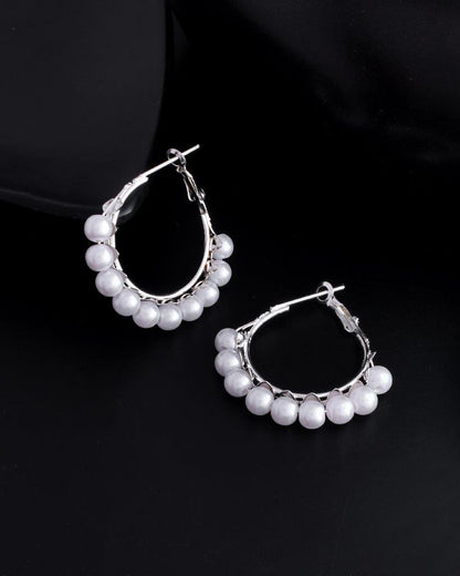 VOJ White Pearl Silver Plated Hoops Earrings - Distacart