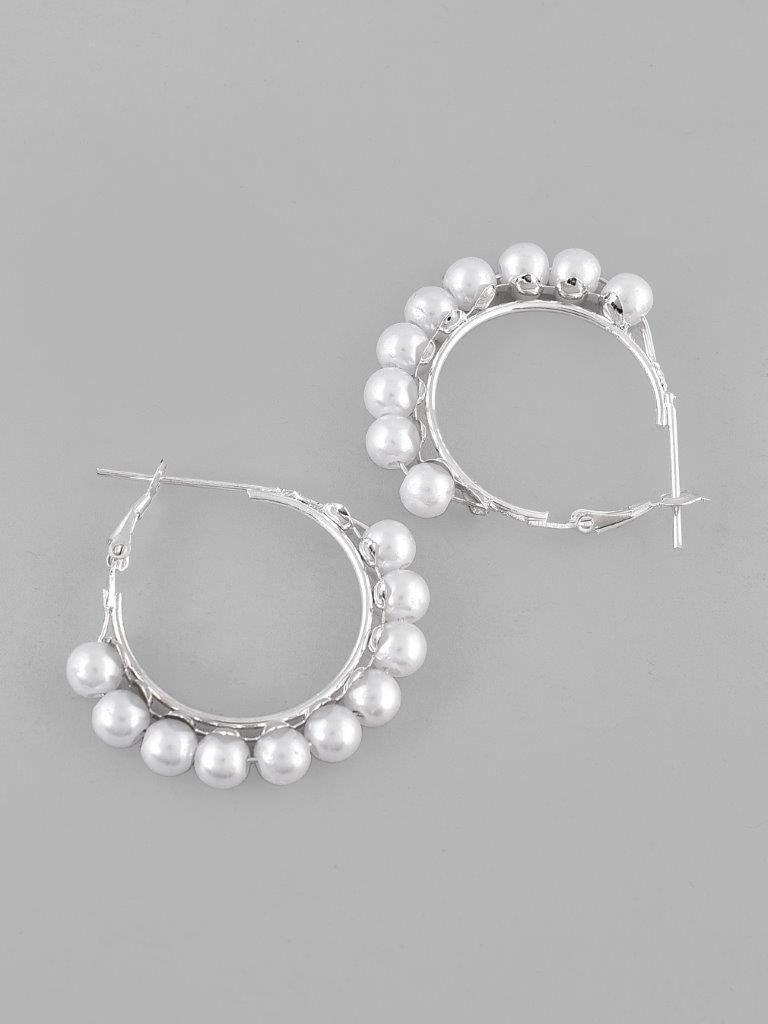 VOJ White Pearl Silver Plated Hoops Earrings - Distacart