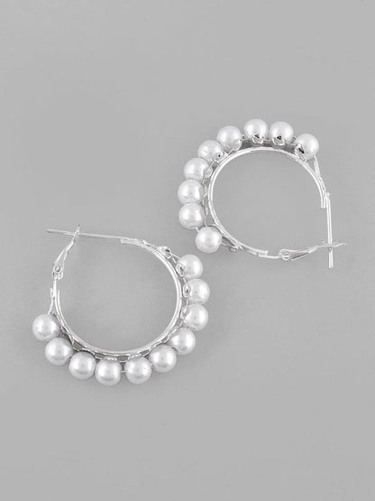 VOJ White Pearl Silver Plated Hoops Earrings - Distacart