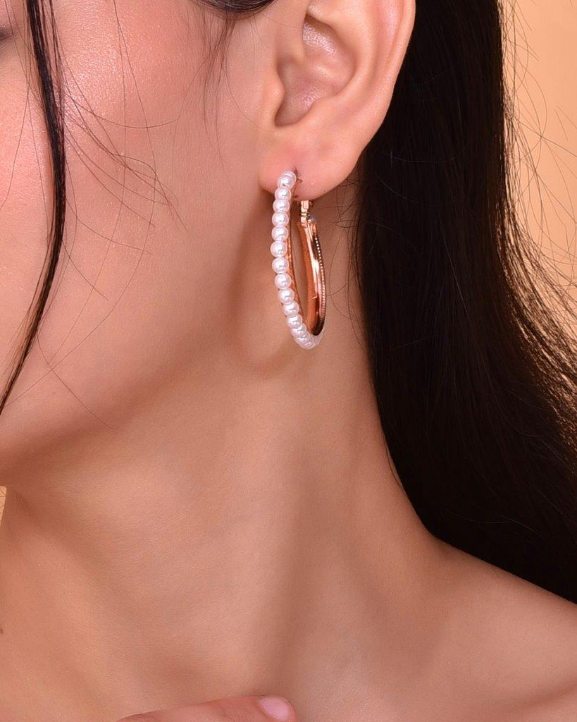 VOJ White Pearl Gold Plated Hoops Earrings - Distacart