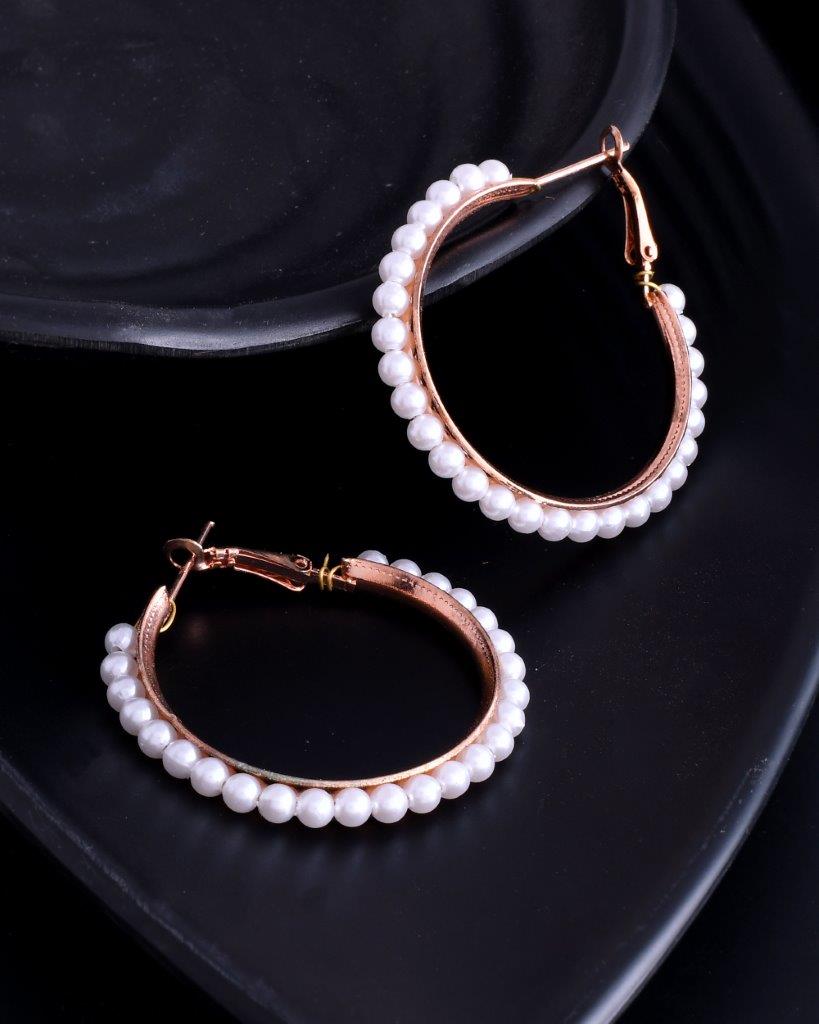 VOJ White Pearl Gold Plated Hoops Earrings - Distacart