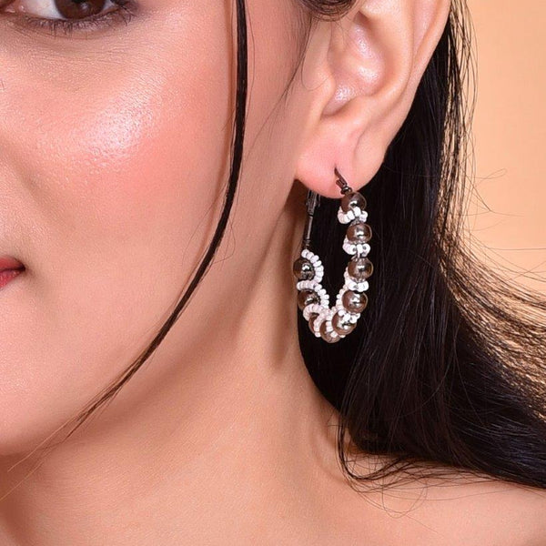 VOJ White Pearl With Silver Bead Hoop Earrings - Distacart