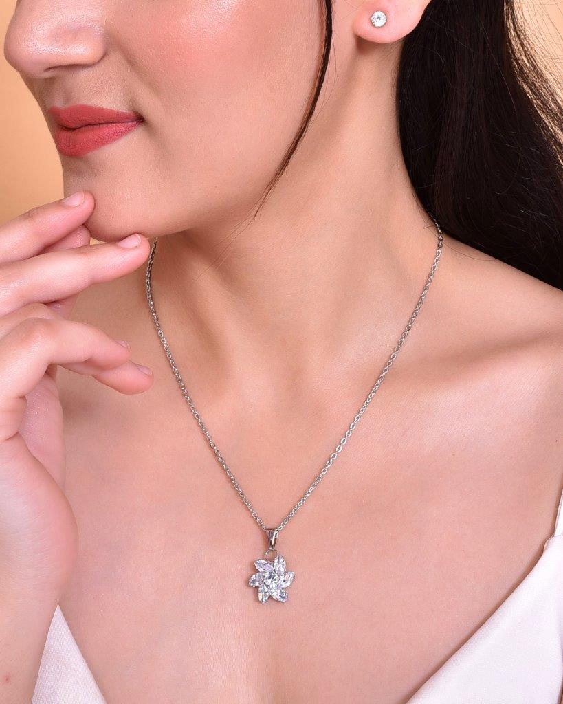 VOJ Silver Plated Flower Pendant Set - Distacart