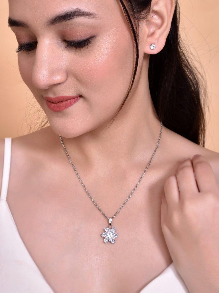 VOJ Silver Plated Flower Pendant Set - Distacart