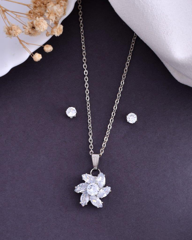 VOJ Silver Plated Flower Pendant Set - Distacart