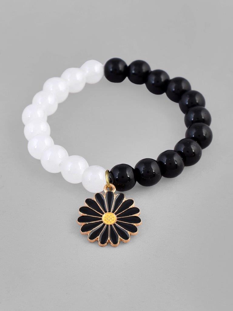 VOJ Black White Beads Black Flower Elastic Bracelet - Distacart