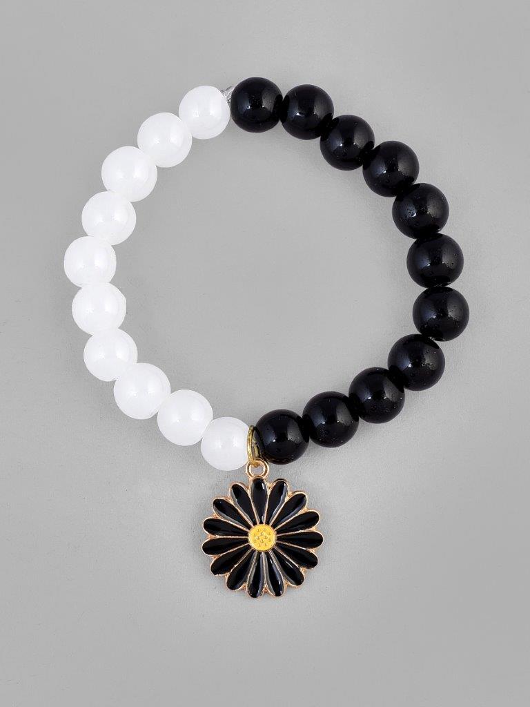 VOJ Black White Beads Black Flower Elastic Bracelet - Distacart