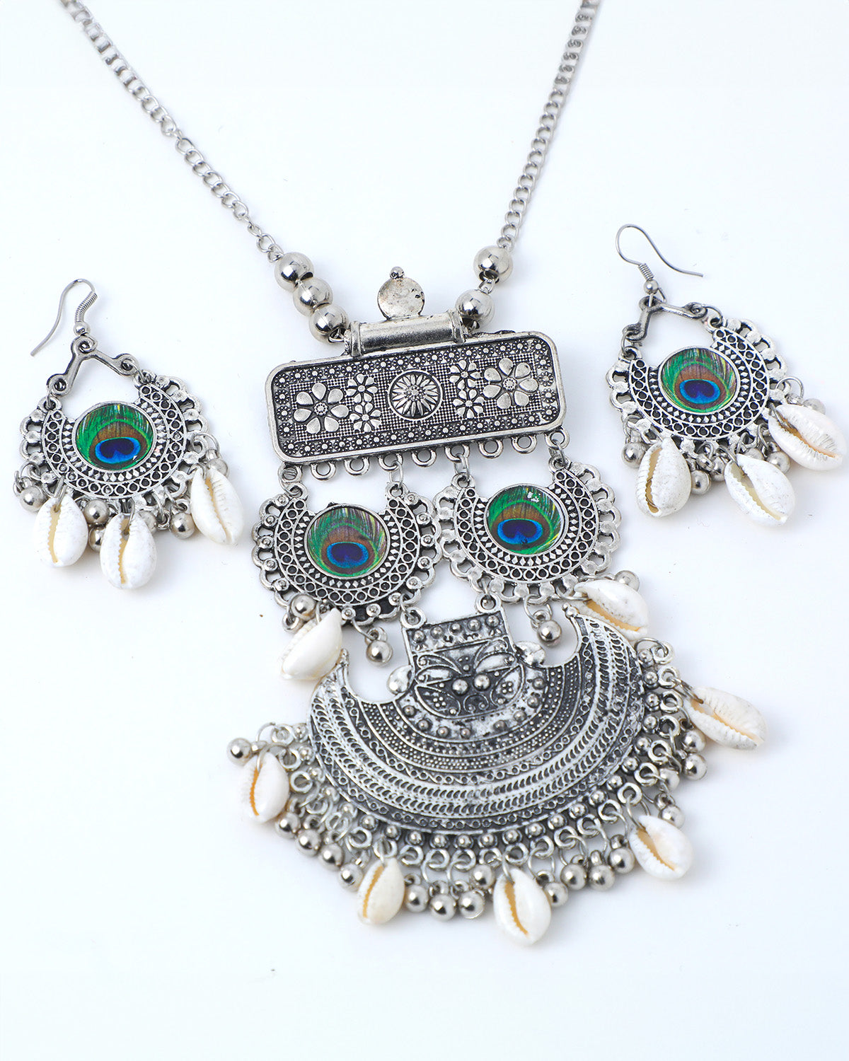 VOJ Oxidised Silver Plated Peacock Feather And Shell Jewellery Set - Distacart