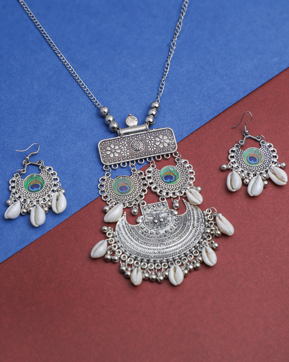 VOJ Oxidised Silver Plated Peacock Feather And Shell Jewellery Set - Distacart