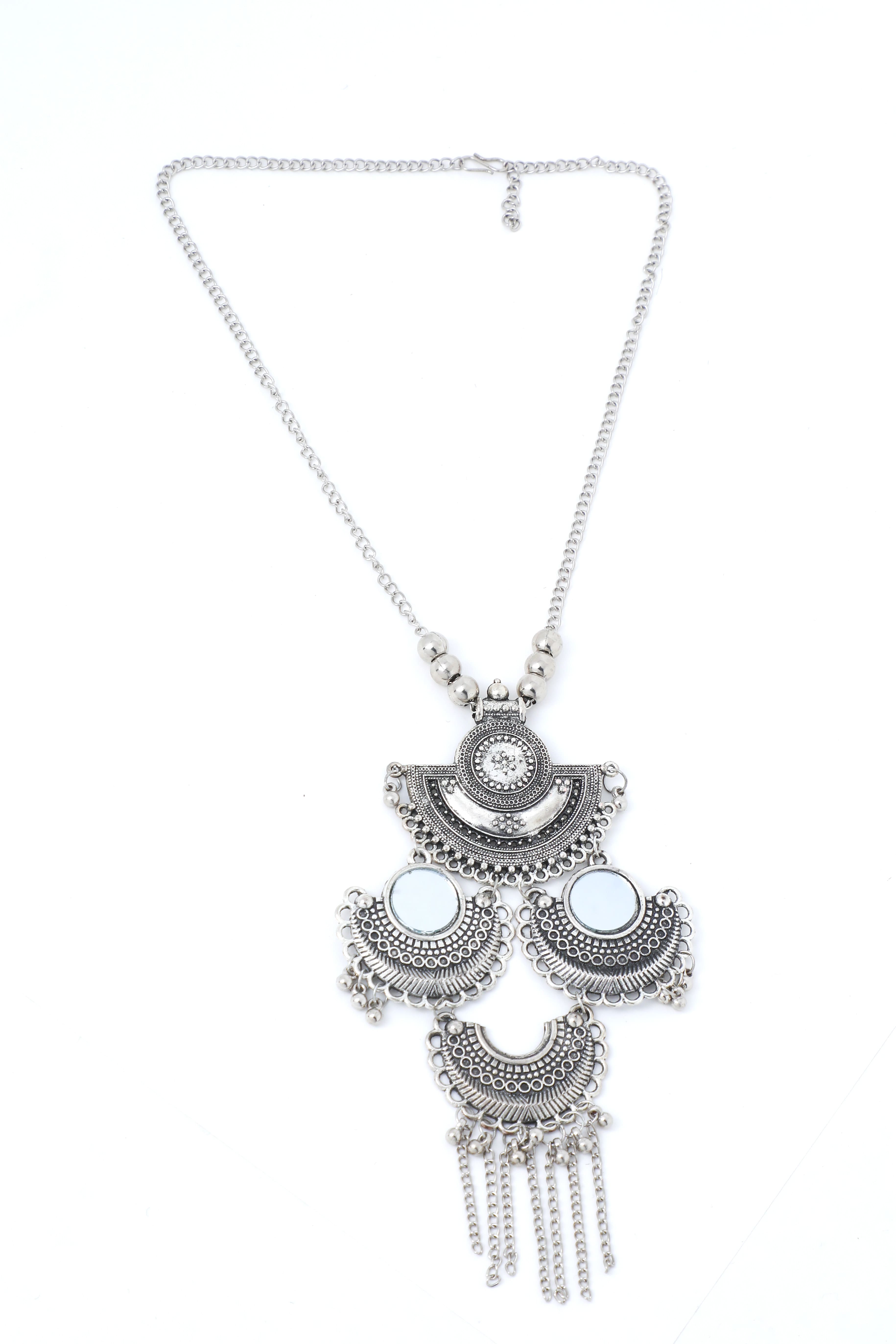 VOJ Oxidised Silver Plated Mirror And Ghungharoo Beads Jewellery Set - Distacart
