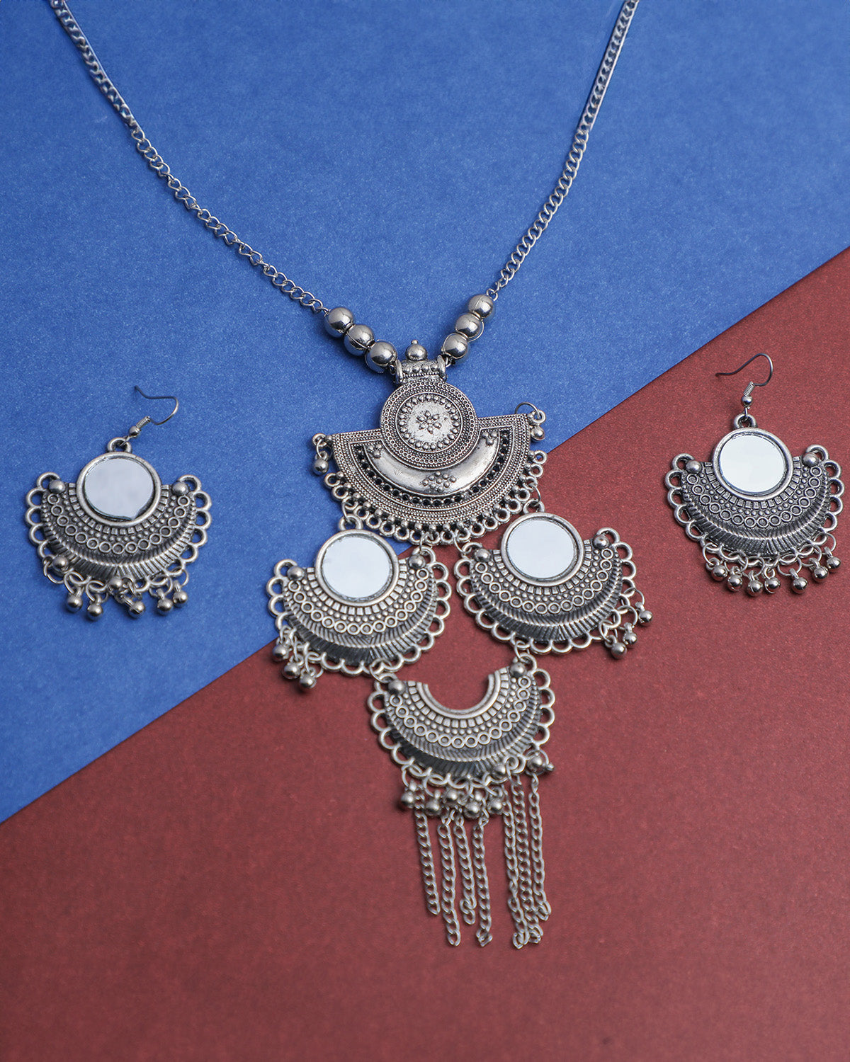 VOJ Oxidised Silver Plated Mirror And Ghungharoo Beads Jewellery Set - Distacart