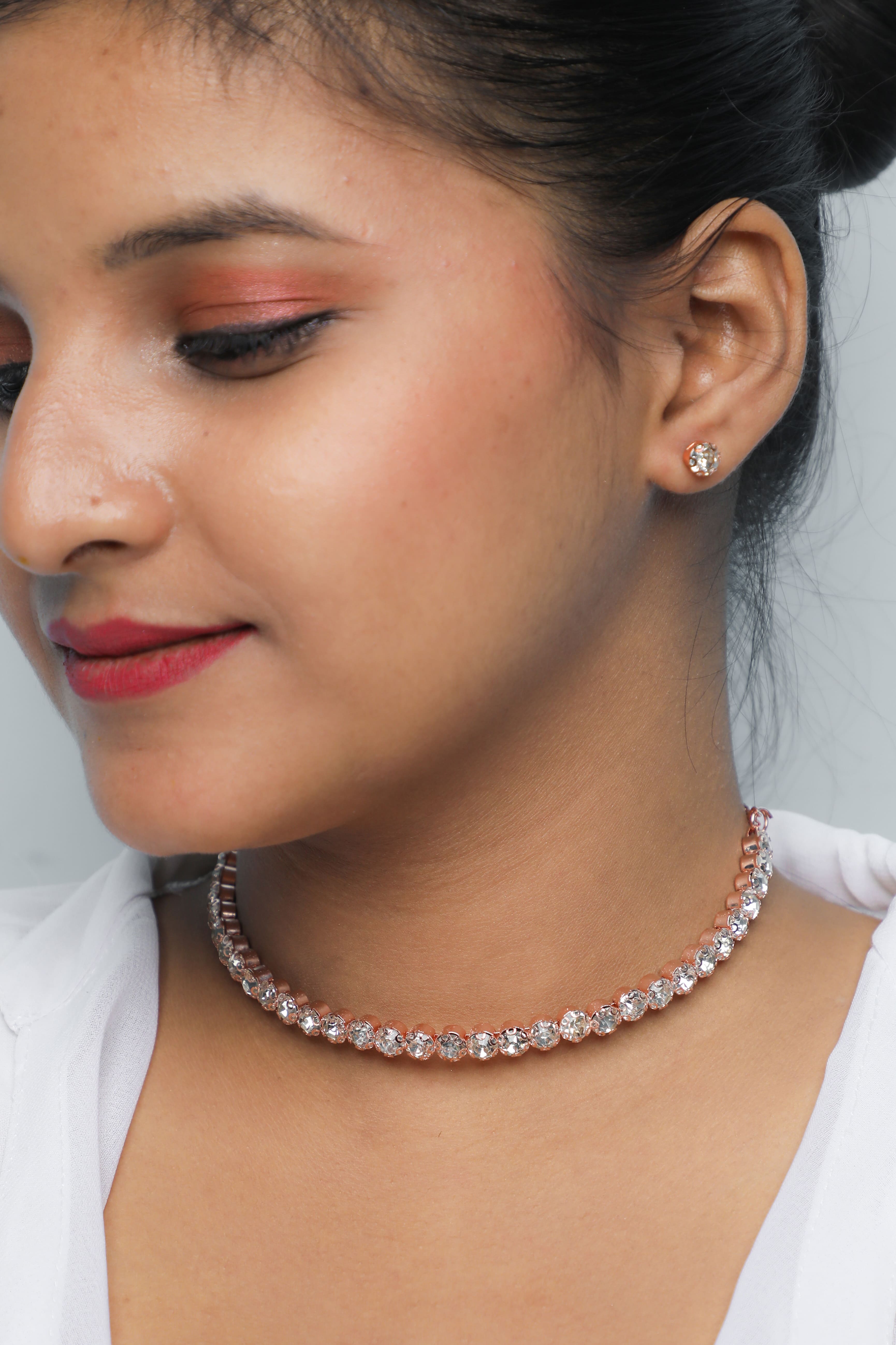 VOJ Gold Plated Single Line Stone Studded Choker Jewellery Set - Distacart