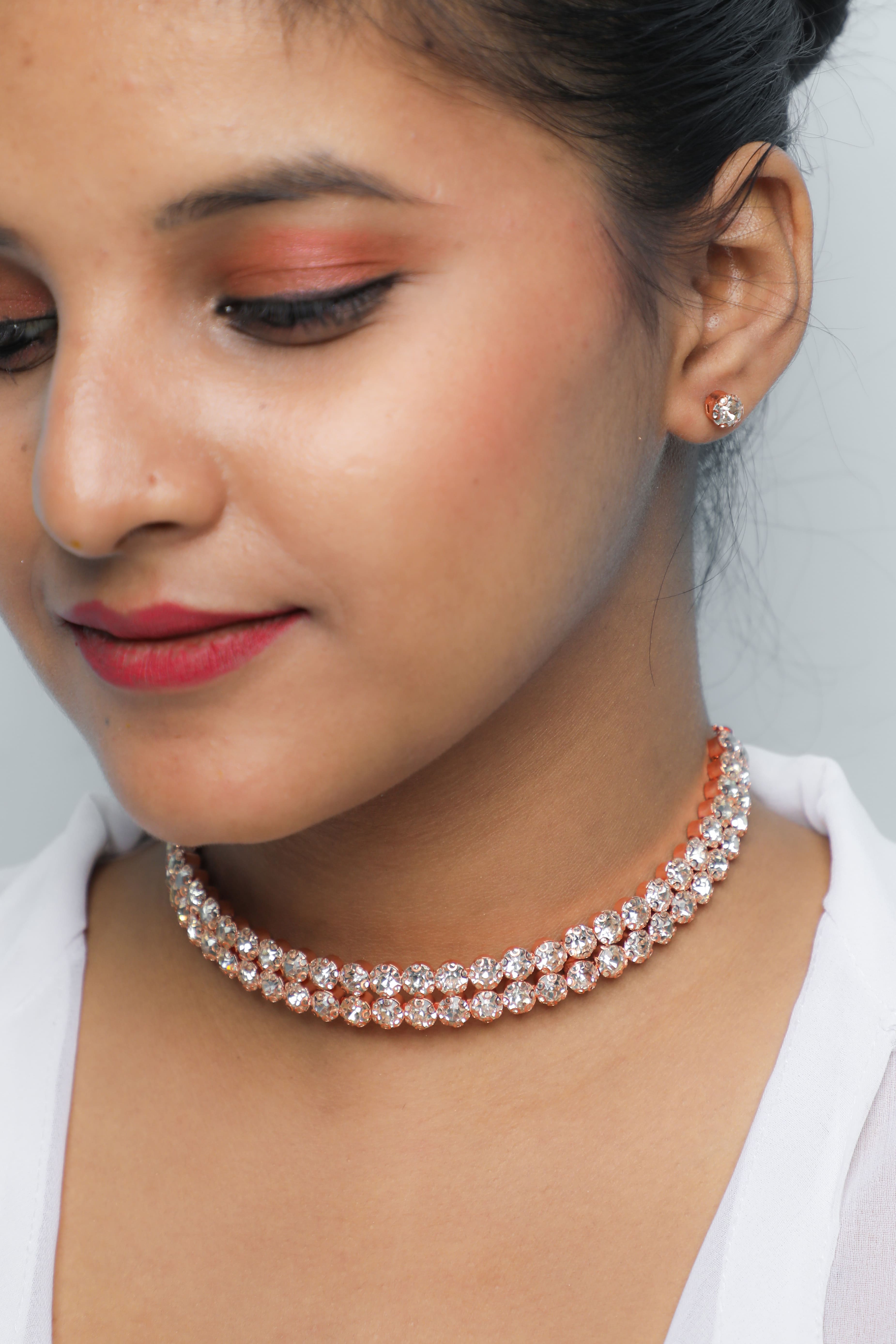 VOJ Gold Plated Double Line Stone Studded Choker Jewellery Set - Distacart