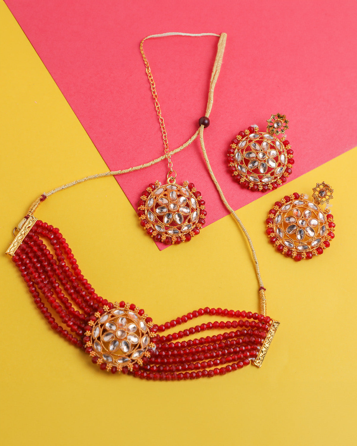 VOJ Gold Plated Red Beads Kundan Choker Jewellery Set With Mang Tikka - Distacart