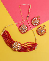 Thumbnail for VOJ Gold Plated Red Beads Kundan Choker Jewellery Set With Mang Tikka - Distacart