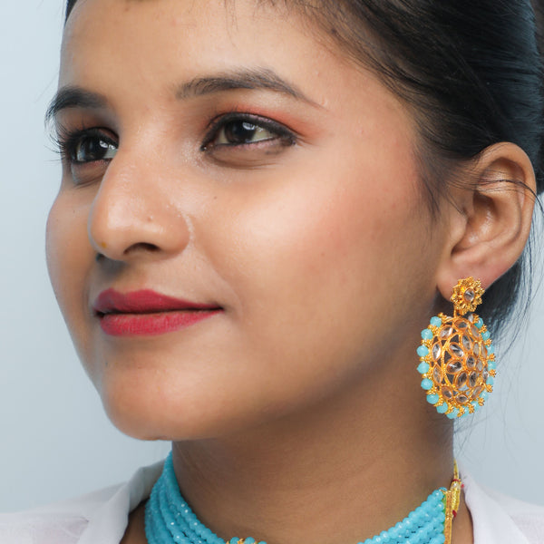 VOJ Gold Plated Blue Beads Kundan Choker Jewellery Set With Mang Tikka - Distacart