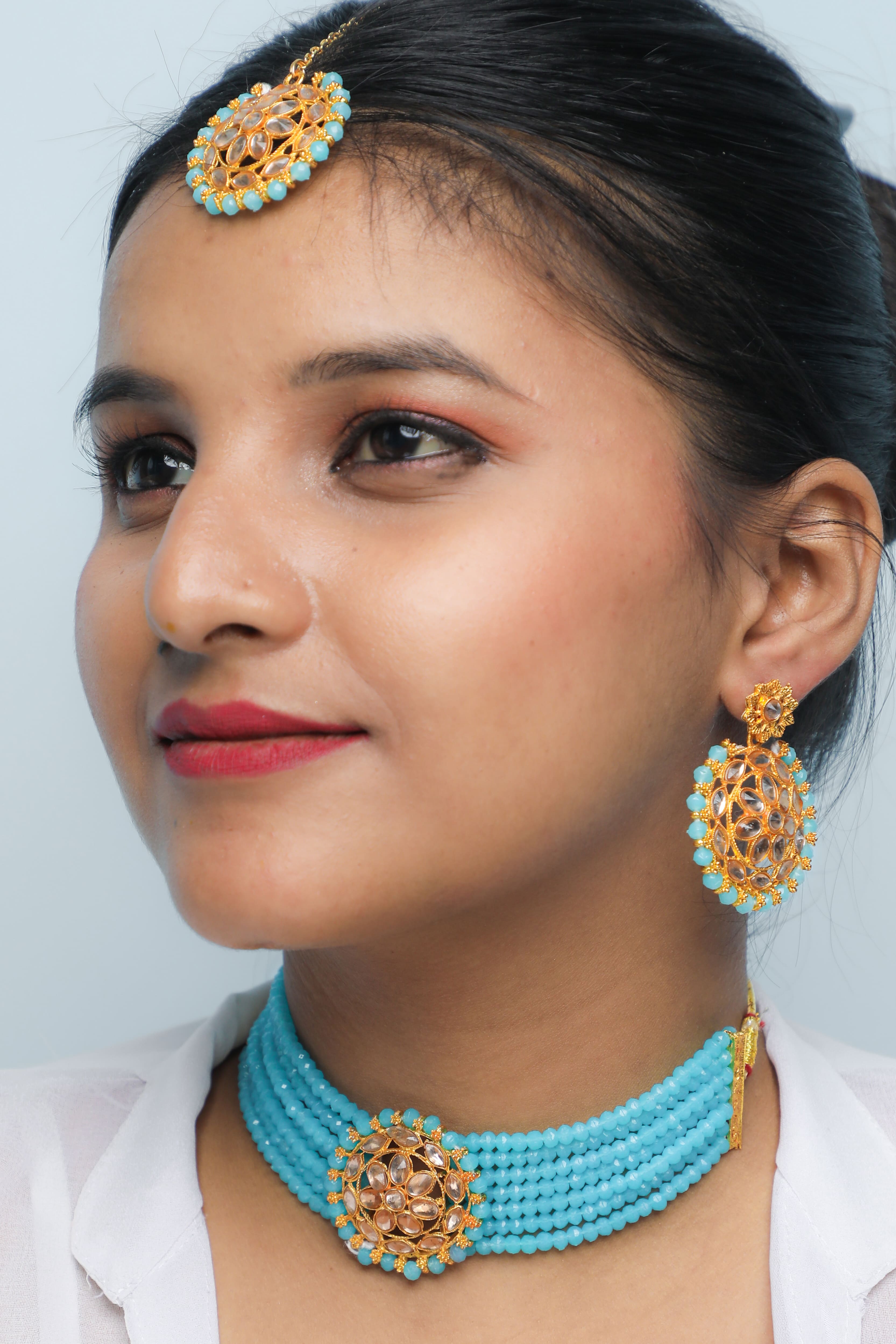 VOJ Gold Plated Blue Beads Kundan Choker Jewellery Set With Mang Tikka - Distacart