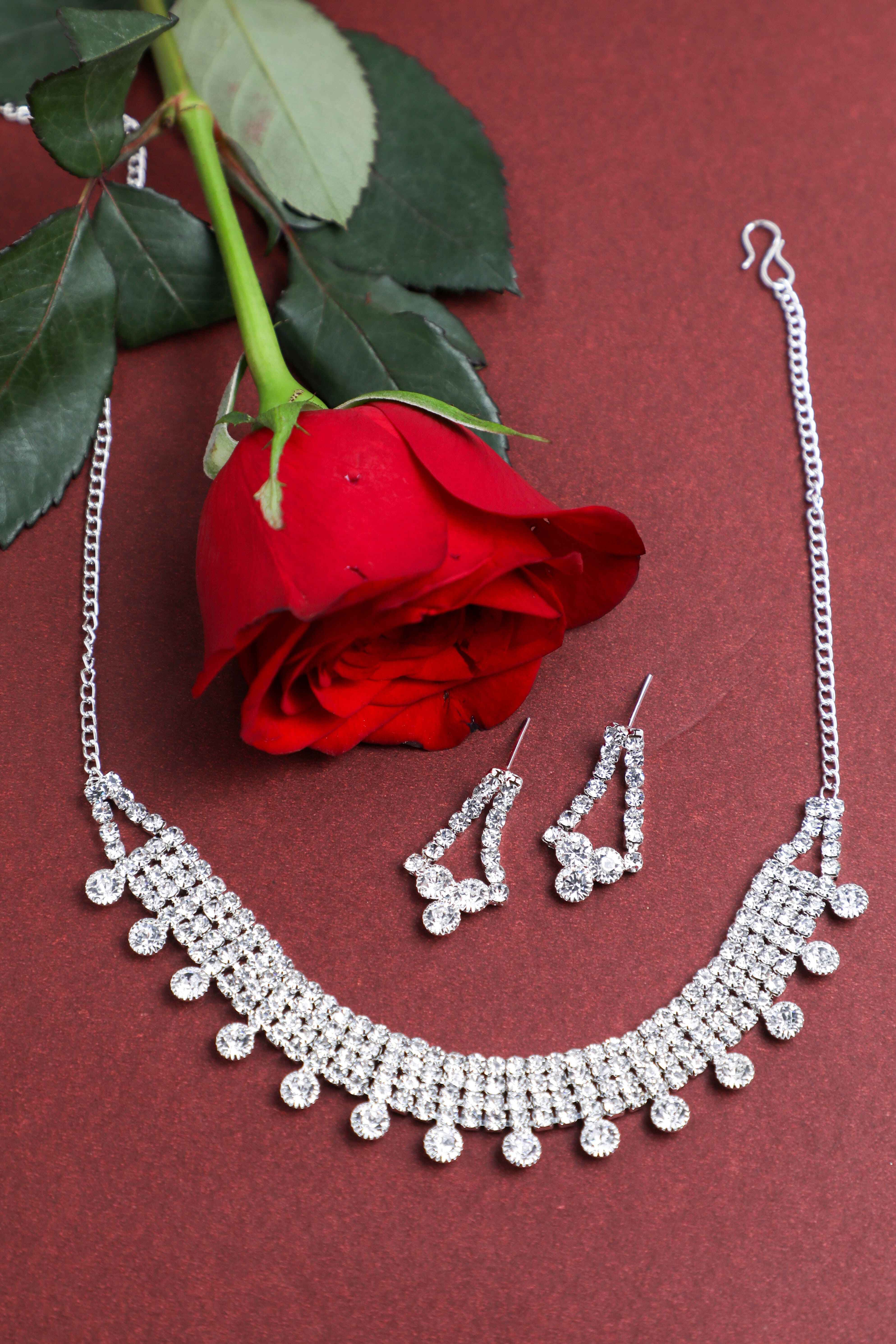 VOJ Silver Plated Stone Studded Choker Necklace And Earrings Set - Distacart