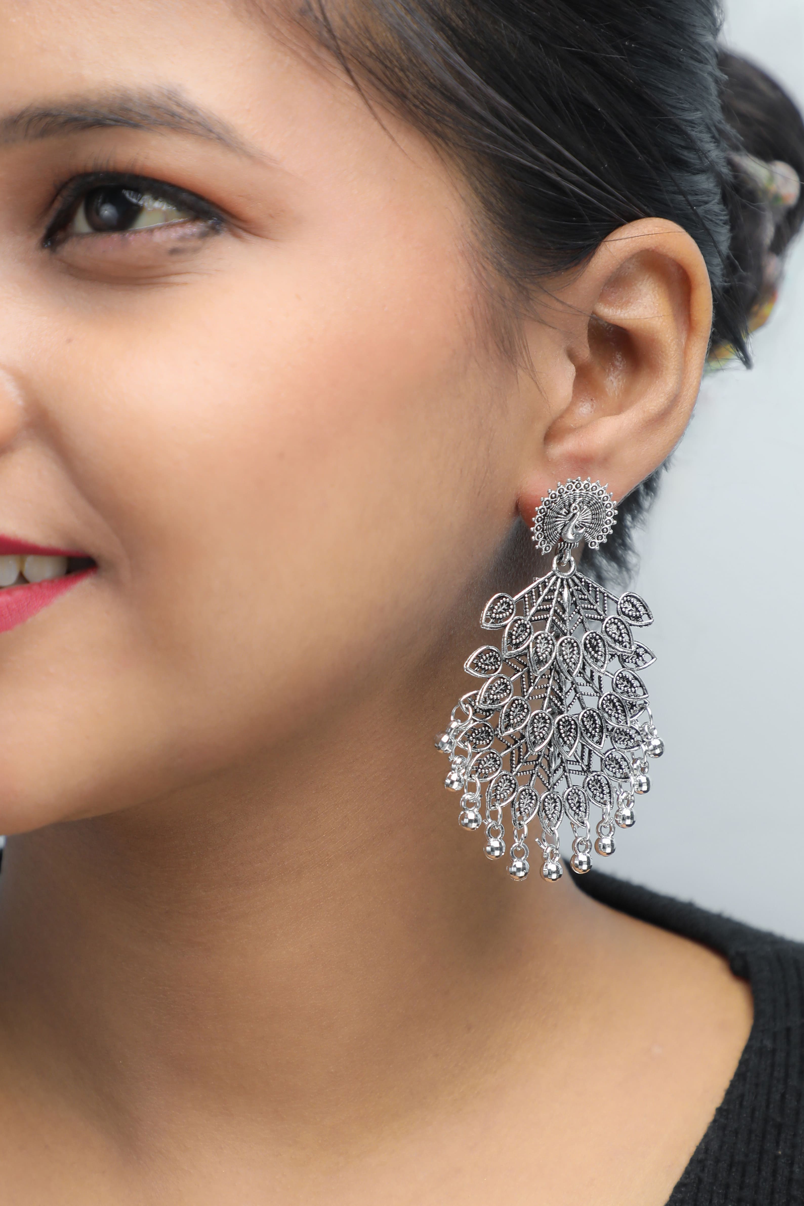 VOJ Silver Plated Oxidised Peacock Shaped Studded Earrings - Distacart