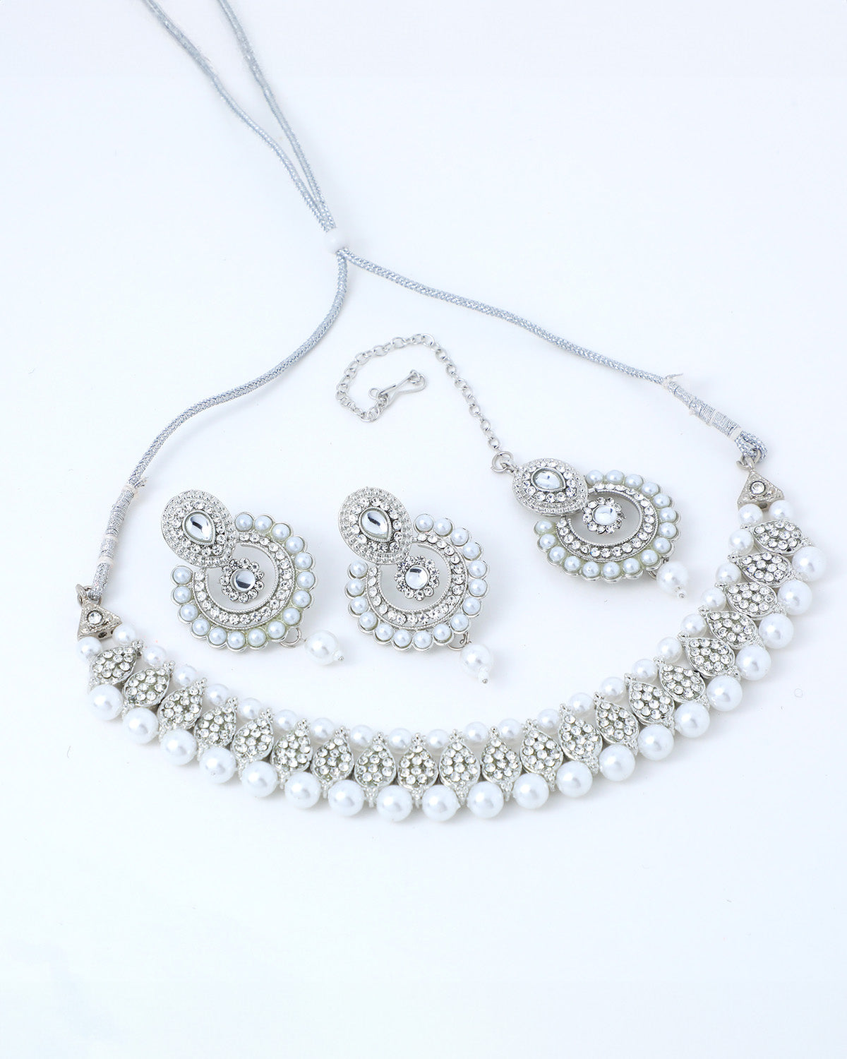 VOJ Silver Plated White Beads And Stone Studded Choker Jewellery Set With Mang Tikka - Distacart