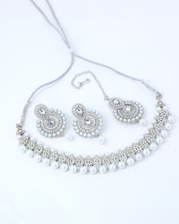 Thumbnail for VOJ Silver Plated White Beads And Stone Studded Choker Jewellery Set With Mang Tikka - Distacart