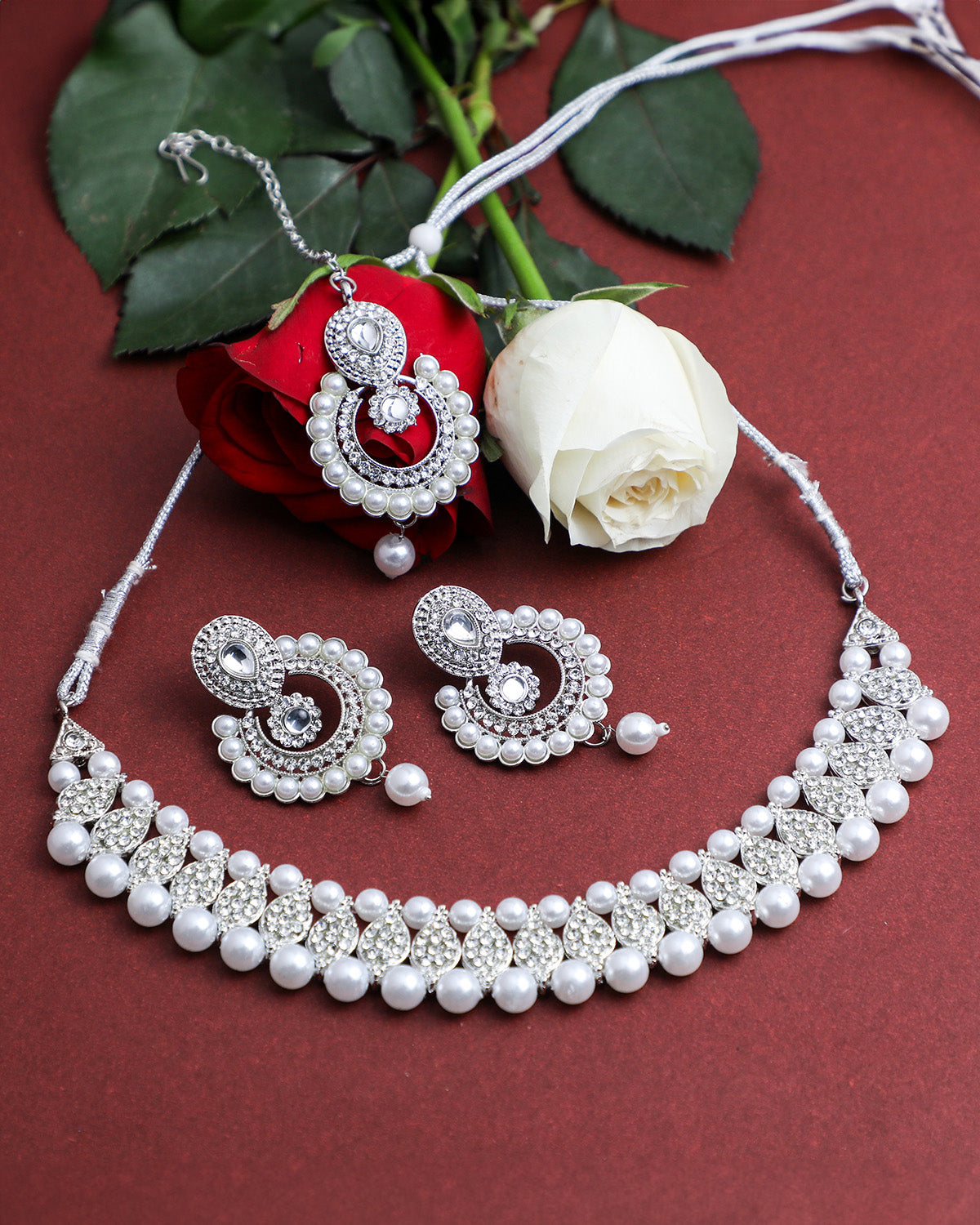 VOJ Silver Plated White Beads And Stone Studded Choker Jewellery Set With Mang Tikka - Distacart