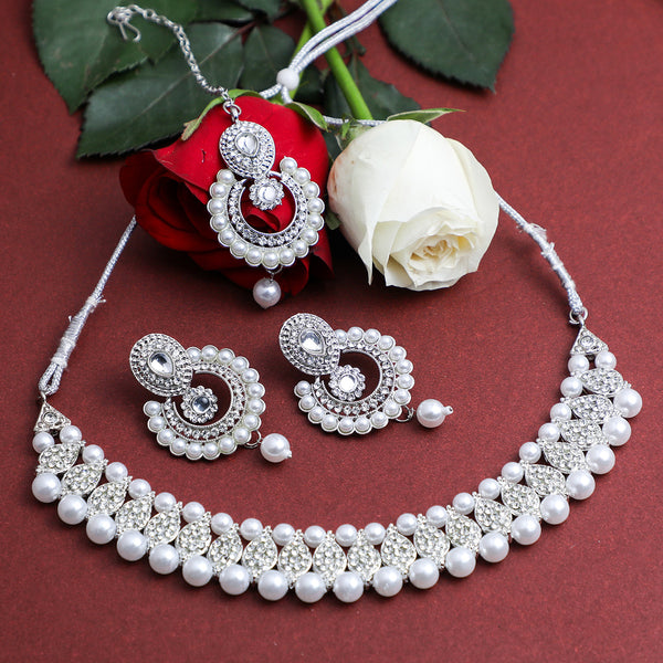 VOJ Silver Plated White Beads And Stone Studded Choker Jewellery Set With Mang Tikka - Distacart
