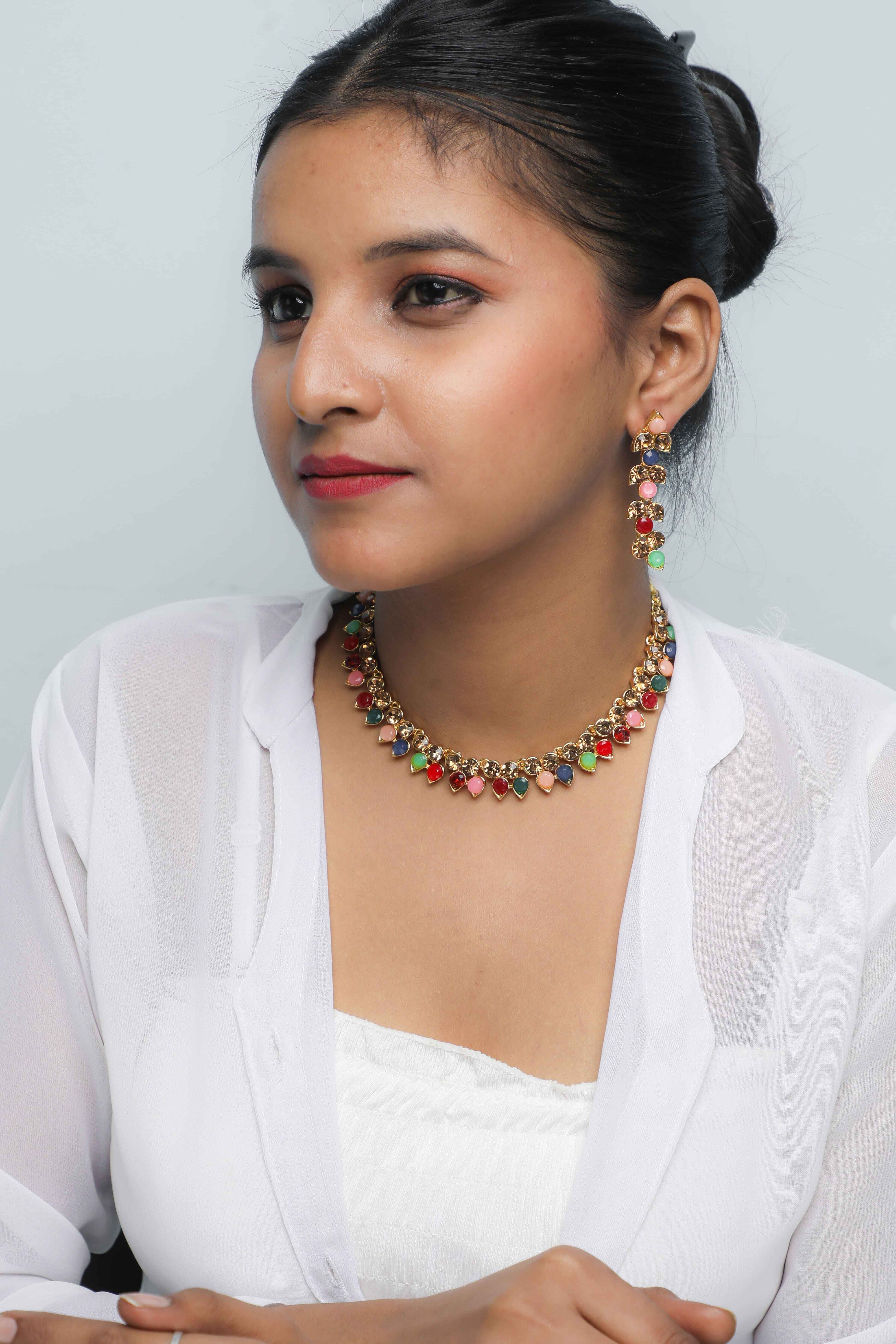 VOJ Gold Plated Multi Colored Stone Studded Choker Necklace And Earring Set - Distacart