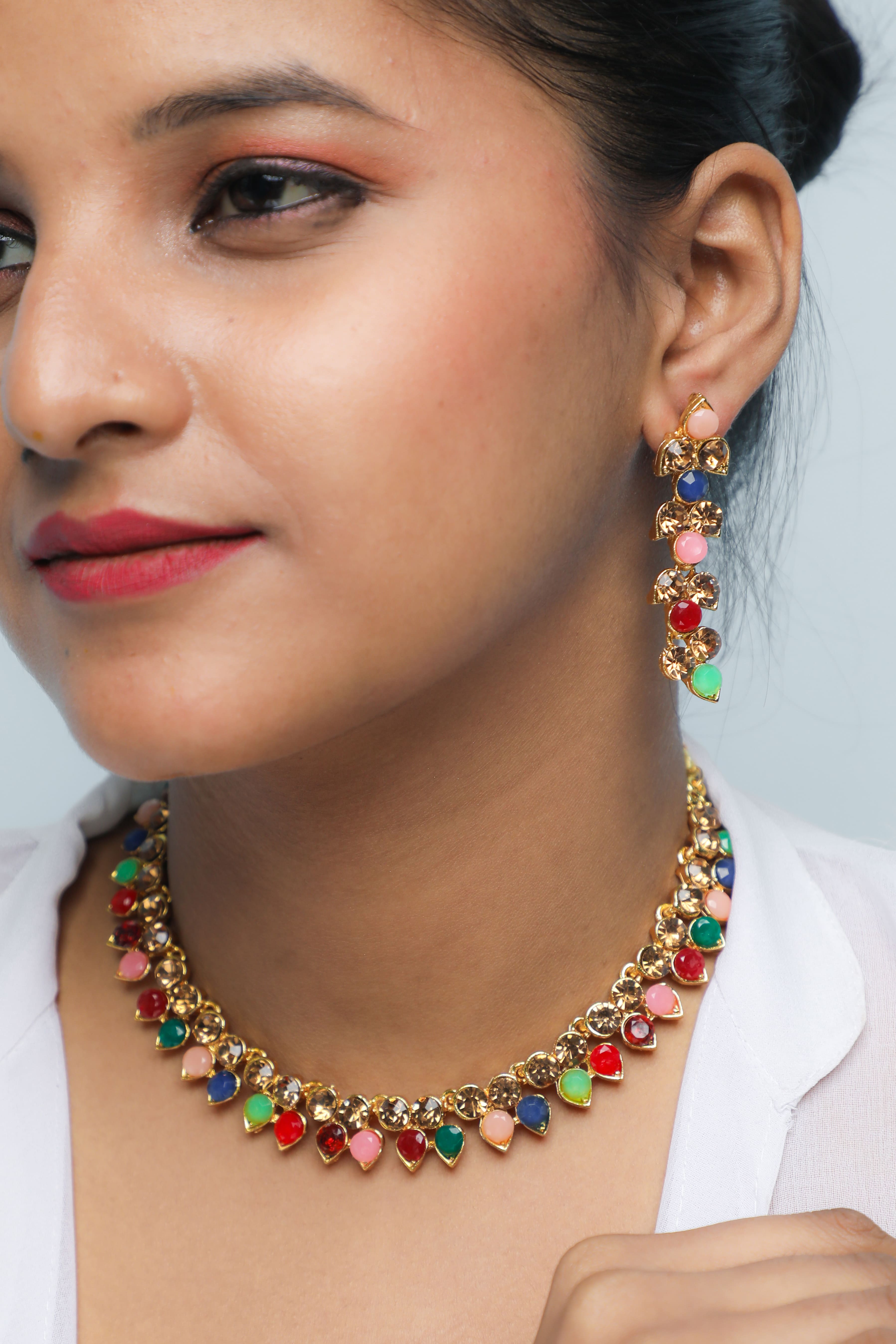 VOJ Gold Plated Multi Colored Stone Studded Choker Necklace And Earring Set - Distacart