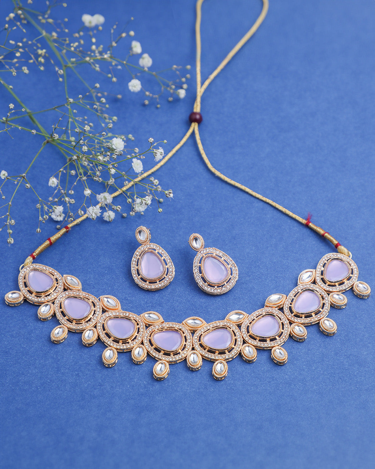 VOJ Gold Plated Leavender Color Stone Kundan Studded Choker Jewellery Set - Distacart