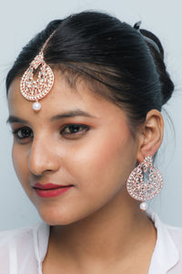 Thumbnail for VOJ Gold Plated With White Pearl And Stone Studded Earring With Mang Tikka Set - Distacart