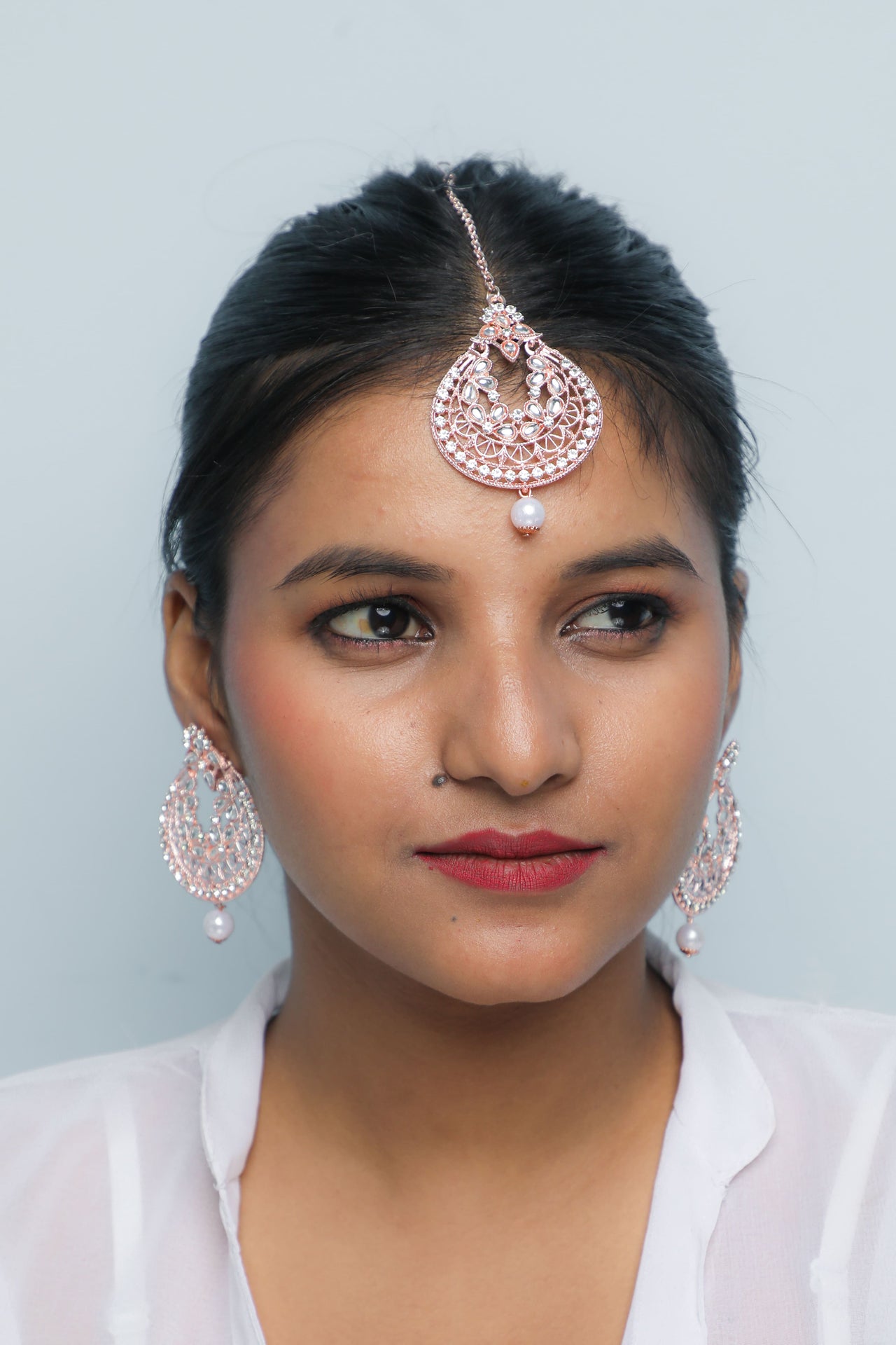 VOJ Gold Plated With White Pearl And Stone Studded Earring With Mang Tikka Set - Distacart
