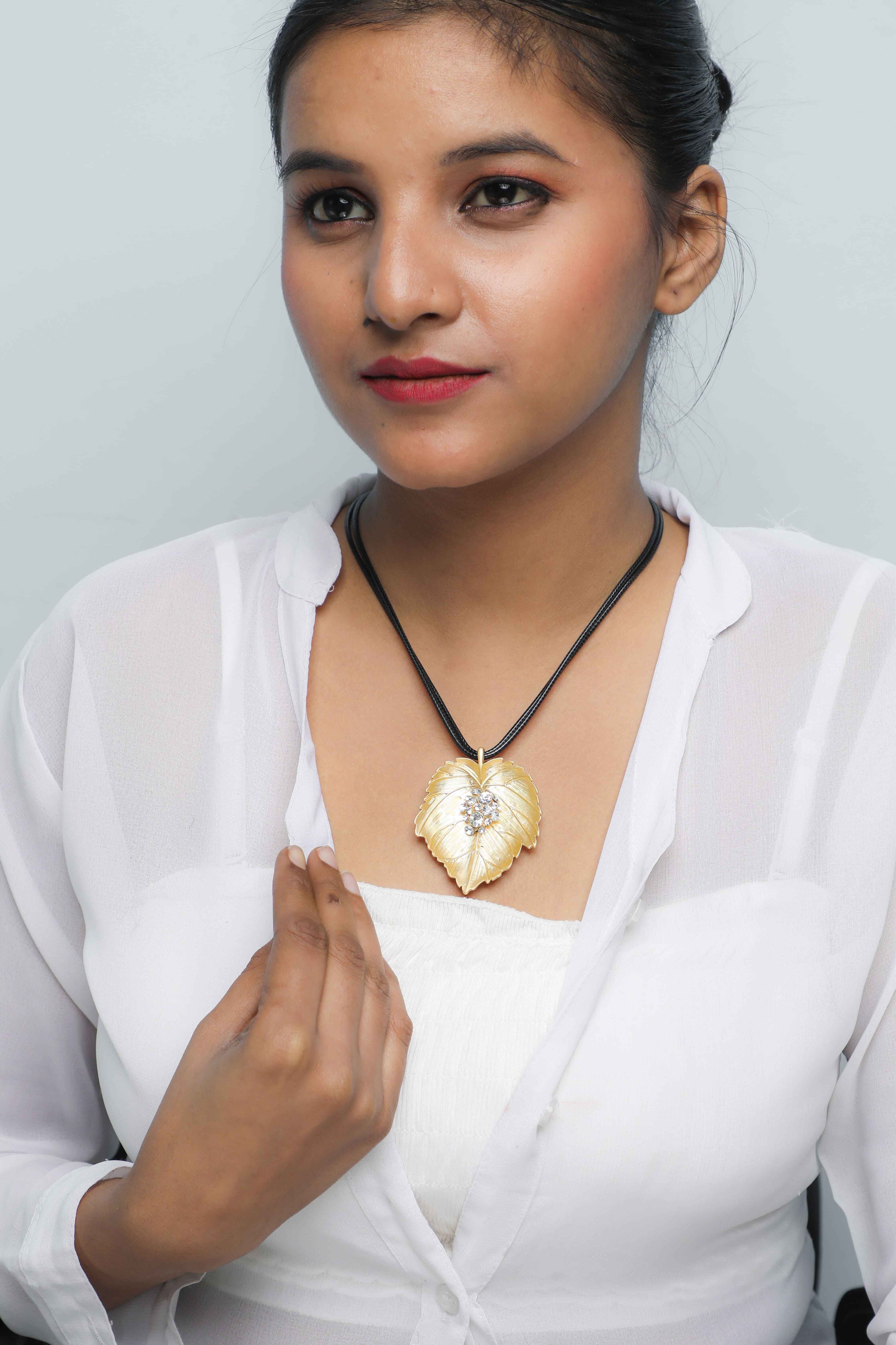 VOJ Leaf Shaped Gold Pandent With Black Necklace - Distacart