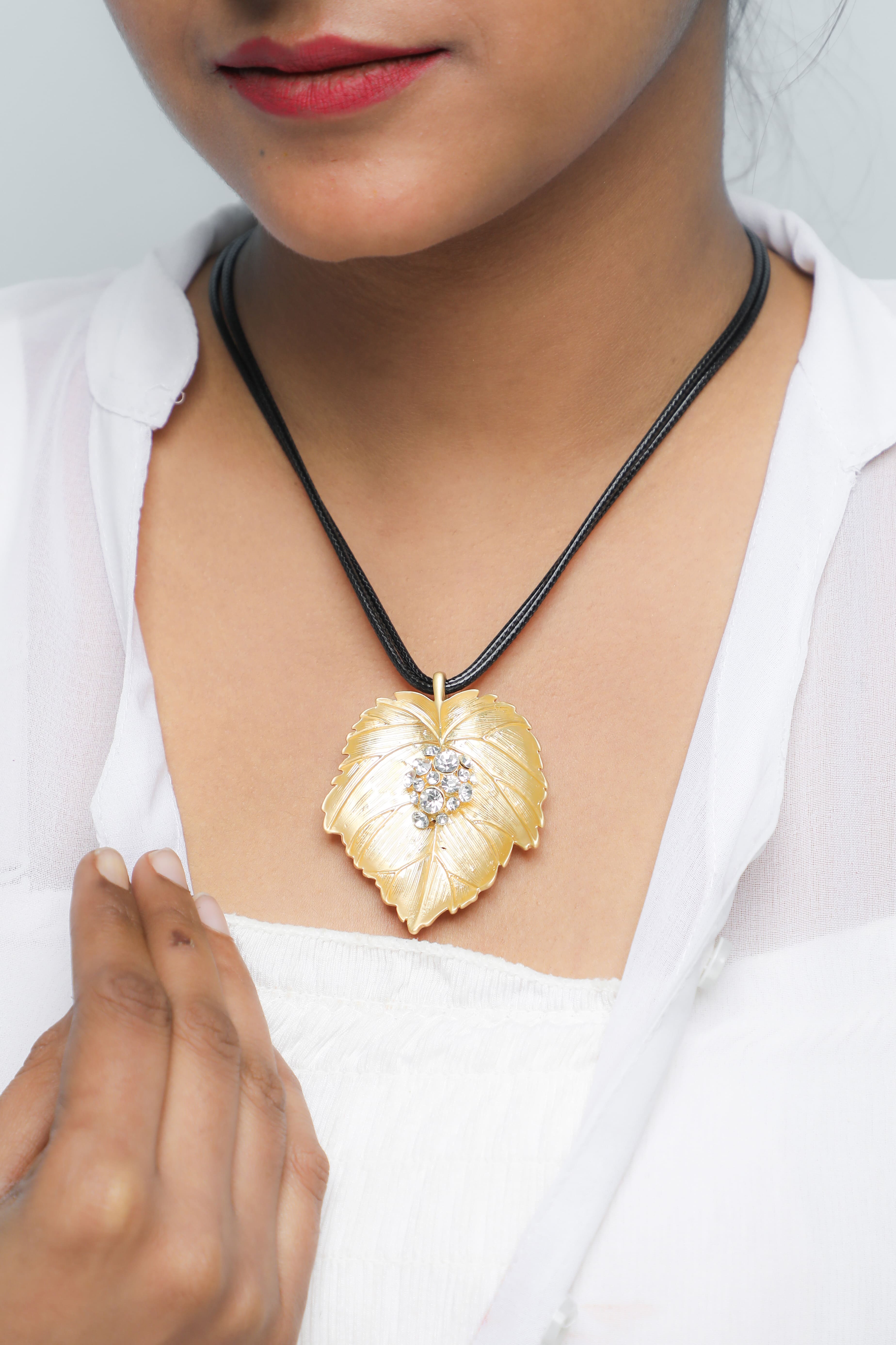 VOJ Leaf Shaped Gold Pandent With Black Necklace - Distacart
