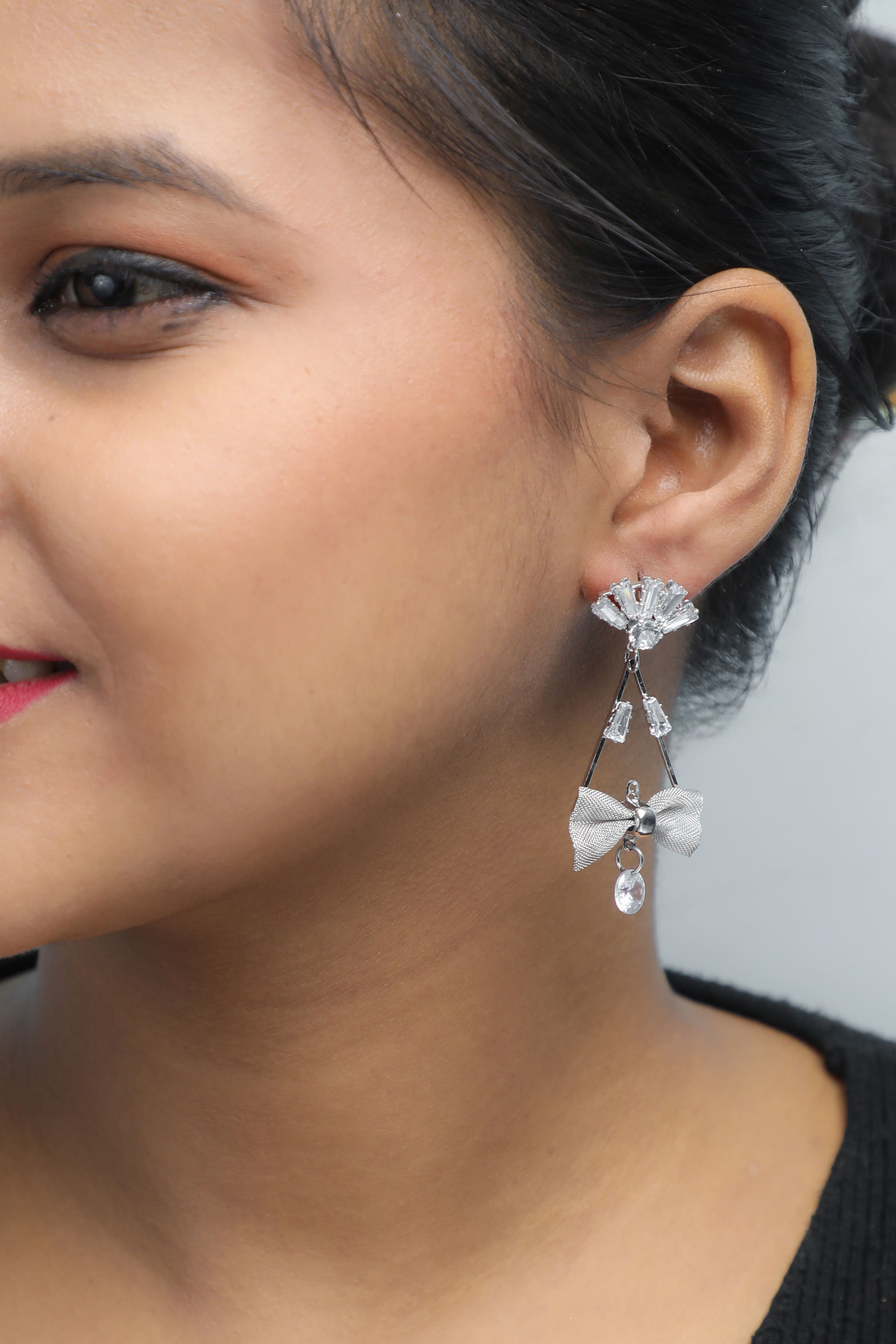 VOJ Silver Plated Stone Studded With Bow Triangle Shaped Earrings - Distacart