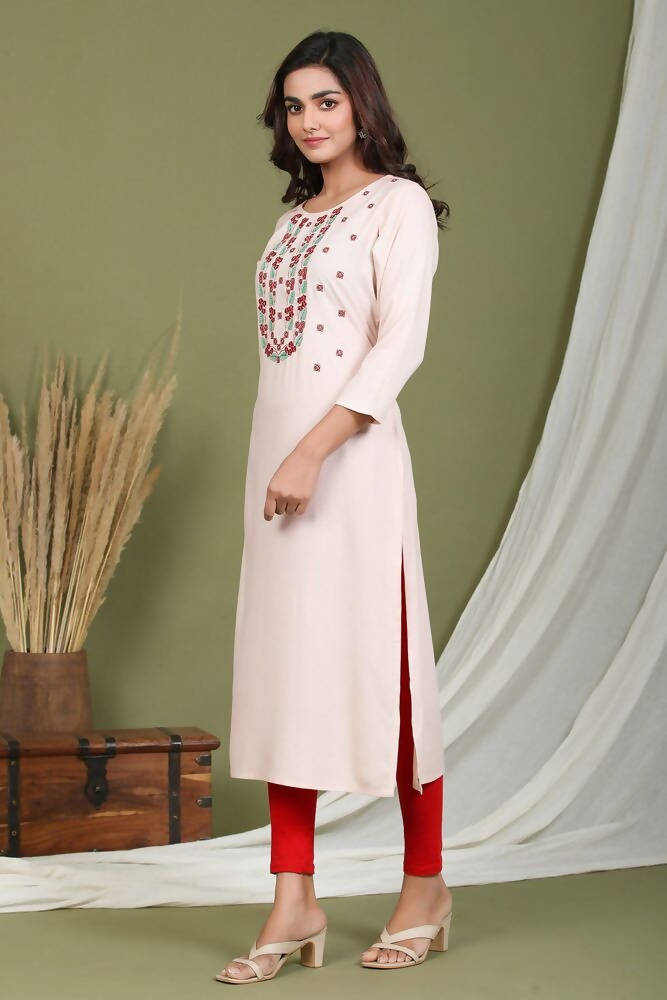 Yufta Women Pink Yoke Design Embroidered Kurta