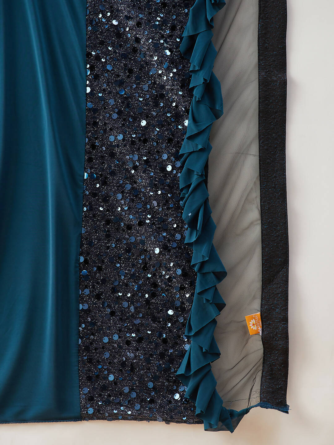 Peacock Blue Lycra Sequins Fabric. Frill Details, Handwork Buttis Saree - Norita Hit Design - Distacart