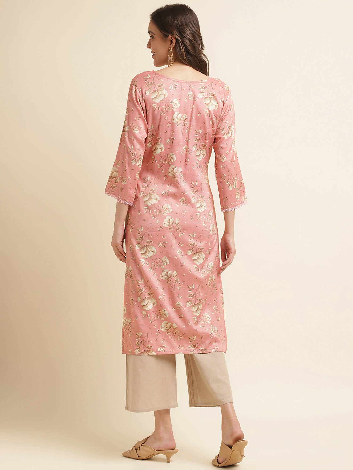 Pink Poly Rayon Floral Printed Straight Kurta - Prasuti - Distacart